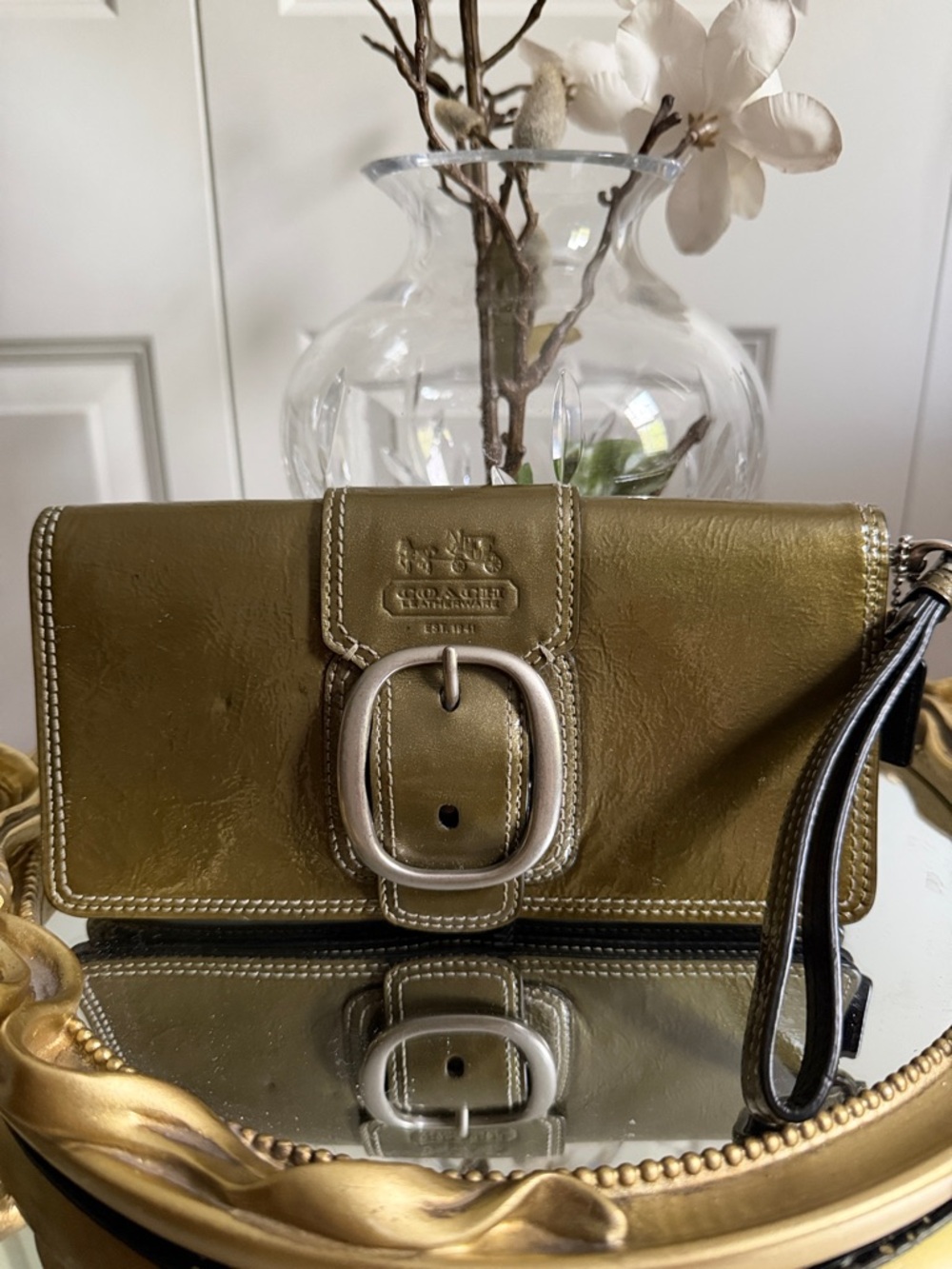 Coach Olive Green soho style Leather Wristlet with Buckle Accent